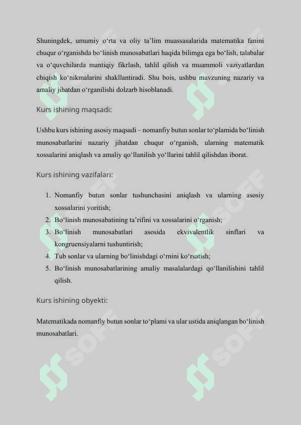 Mavzu: Nomanfiy butun sonlar toplamida bolinish munosabatlari. Kurs ishi 3