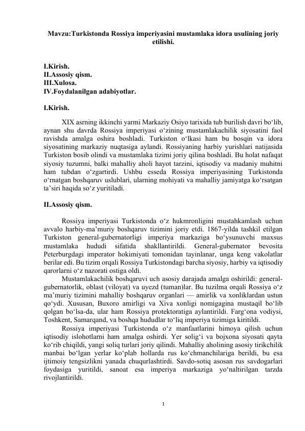 Turkiston rossiya mustamlakasi 1
