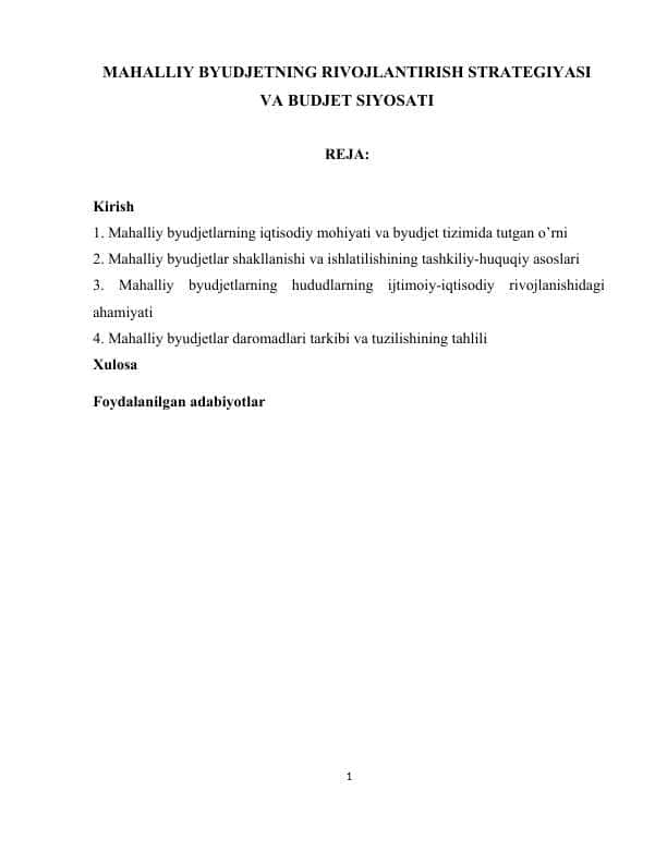 MAHALLIY BYUDJETNING RIVOJLANTIRISH STRATEGIYASI VA BUDJET SIYOSATI
