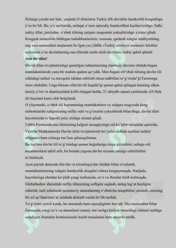 O‘zbekiston Respublikasi Prezidenti Sh.M.Mirziyoyevning O‘zbek tilining davlat tili 7