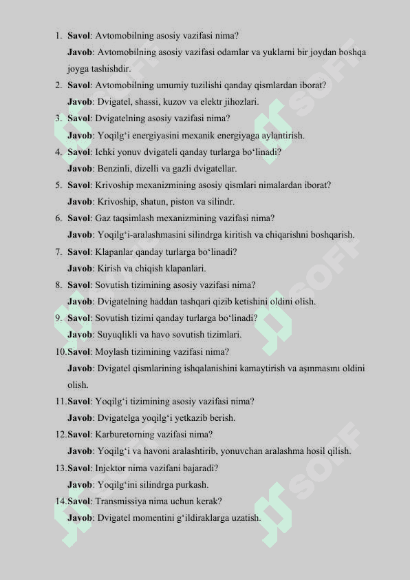 AVTOMOBIL TUZILISHI KASBIY AMALIYIMTIXON SAVOLLARI 2