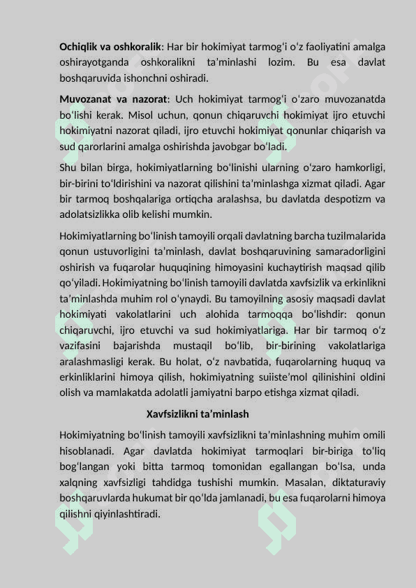 O‘zbekiston   Konstitutsiyasida  hokimiyatning  bo‘linish tamoyili. 4