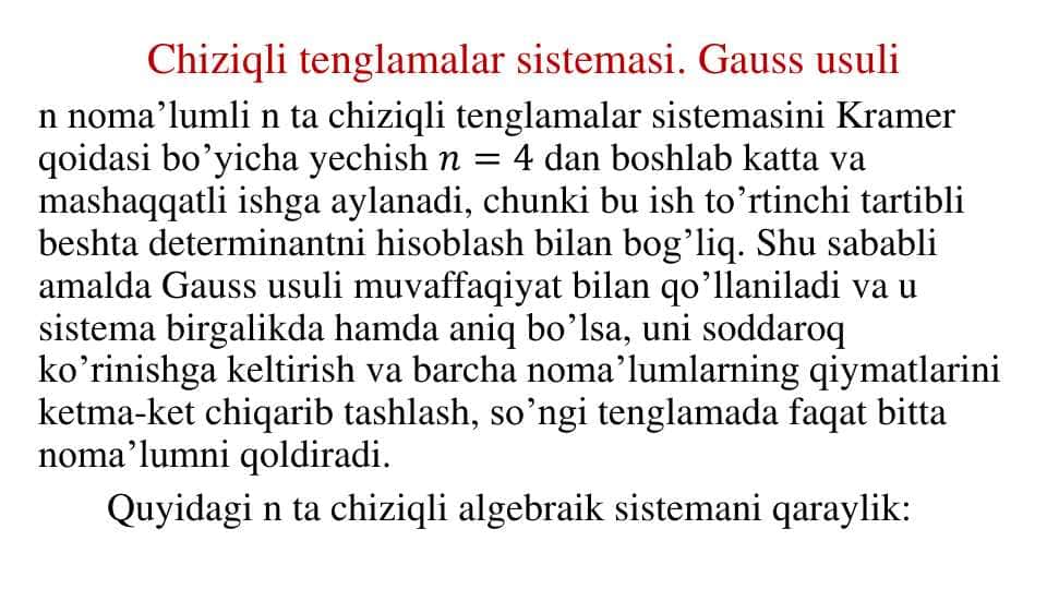 Chiziqli tenglamalar sistemasi. Gauss usli 1