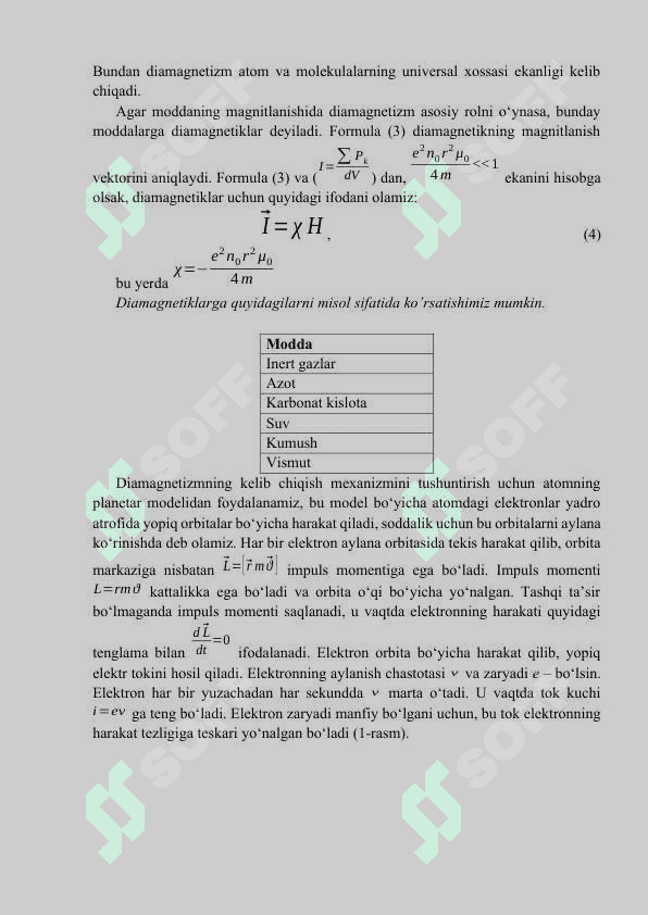 Atomning magnit momenti. Diamagnetizm va uning tabiati. Diamagnetiklarning asosiy xossalari 2