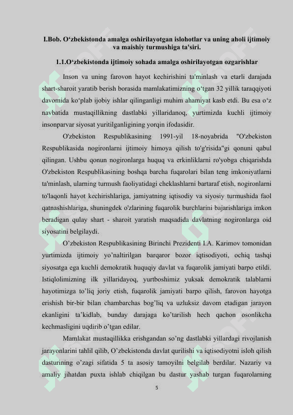 O‘ZBEKISTONDA IJTIMOIY SOHADA AMALGA OSHIRILAYOTGAN O‘ZGARISHLAR MAZMUN VA MOHIYATI 5