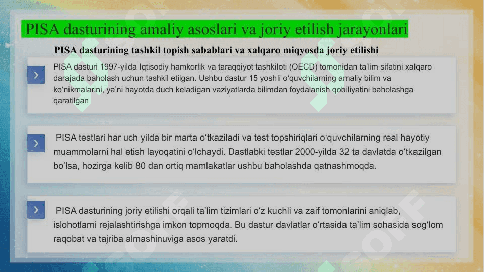 PISA xalqaro dasturining ta’limdagi o‘rni SLAYD                               PISA SLAYD                   PISA dasturi va ta’lim sifatini baholash                   pisa dasturi slayd 4