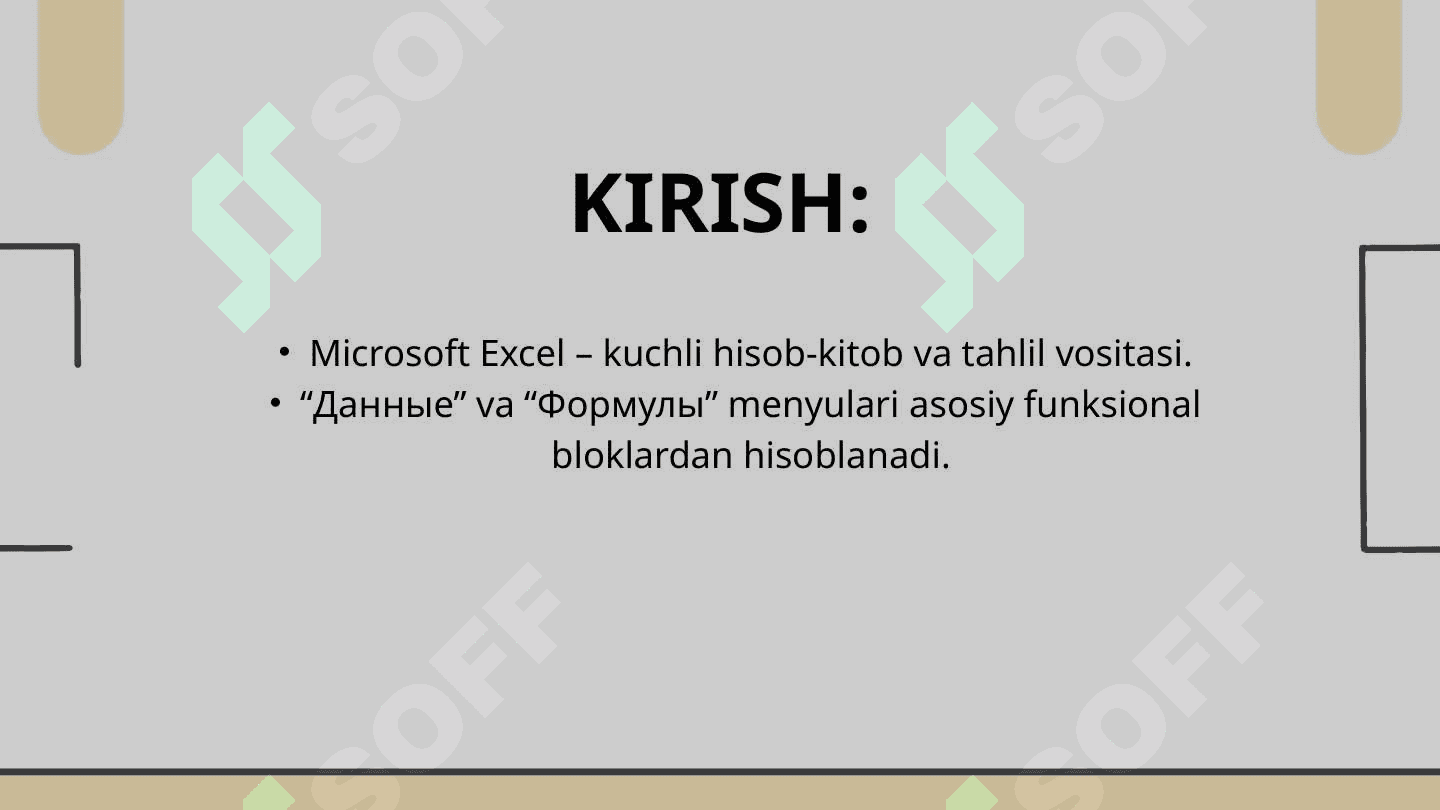 Microsoft Excel’da “Данные” va “Формулы” lentasi imkoniyatlari 2
