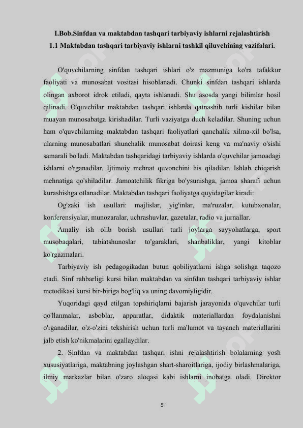 Sinfdan va maktabdan tashqari ishlami tashkil qilishda ma'naviyat ishlari bo'yicha direktor o'rinbosarining ish metodikasi 5