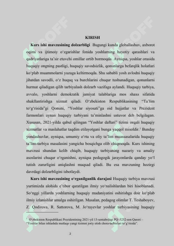 Yoshlar orasida huquqiy tarbiyani shakllantirishning pedagogik asoslari kurs ishi 2