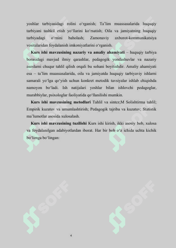 Yoshlar orasida huquqiy tarbiyani shakllantirishning pedagogik asoslari kurs ishi 4