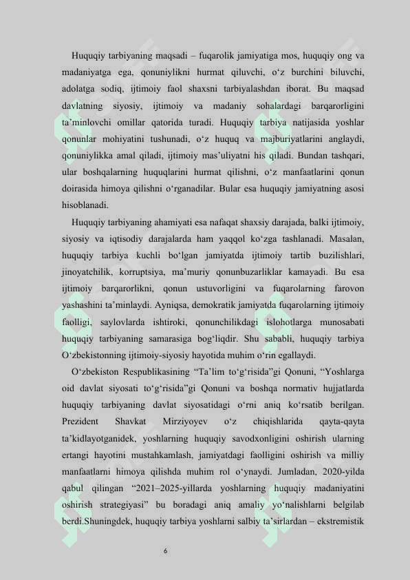 Yoshlar orasida huquqiy tarbiyani shakllantirishning pedagogik asoslari kurs ishi 6