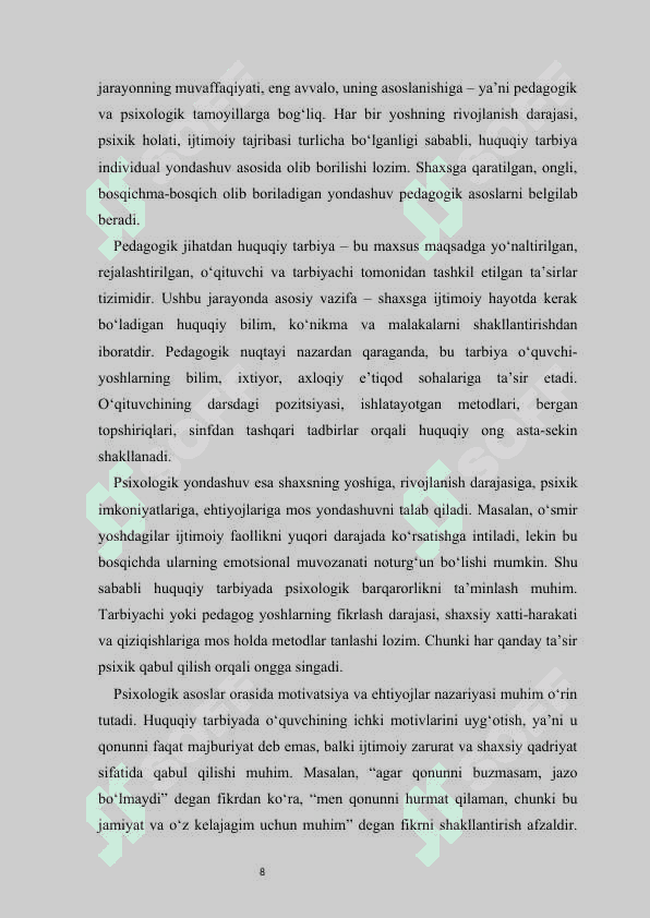 Yoshlar orasida huquqiy tarbiyani shakllantirishning pedagogik asoslari kurs ishi 8