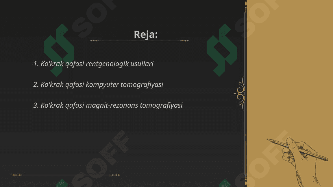 Kòkrak qafasi a'zolari nur tekshiruvi usullari. Kòkrak qafasi a'zolari radiologik anatomiyasi. Pediatrik radiologiyadagi xususiyatlari. 2