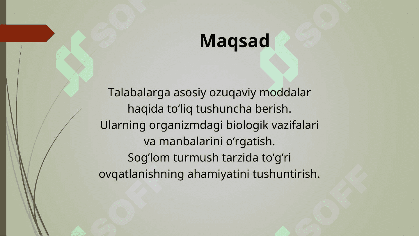 Asosiy ozuqaviy moddalar - oqsillar, yogʻlar, karbonsuvlar, mineral moddalar, vitaminlarning biologik roli va asosiy manbalariAsosiy ozuqaviy moddalar - oqsillar, yogʻlar, karbonsuvlar, mineral moddalar, vitaminlarning biologik roli va asosiy manbalari 2