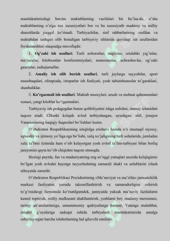 SINFDAN TASHQARI TARBIYAVIY ISHLARNING MAZMUNI, SHAKLI VA METODLARI 8