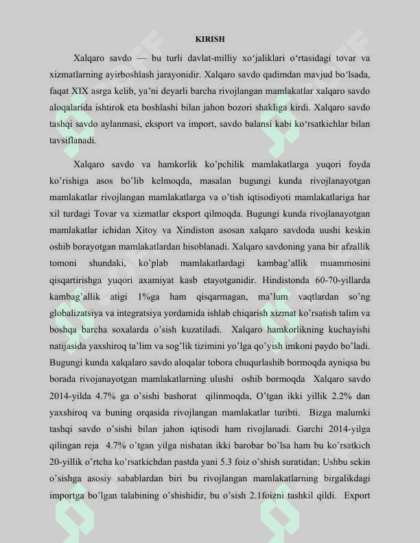 O’zbekiston  respublikasining jahon iqtisodiyotiga integratsiylashuvida tashqi savdoning tutgan o’rni 2