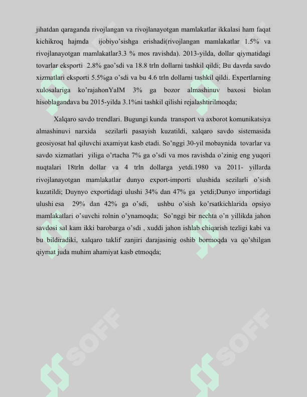 O’zbekiston  respublikasining jahon iqtisodiyotiga integratsiylashuvida tashqi savdoning tutgan o’rni 3