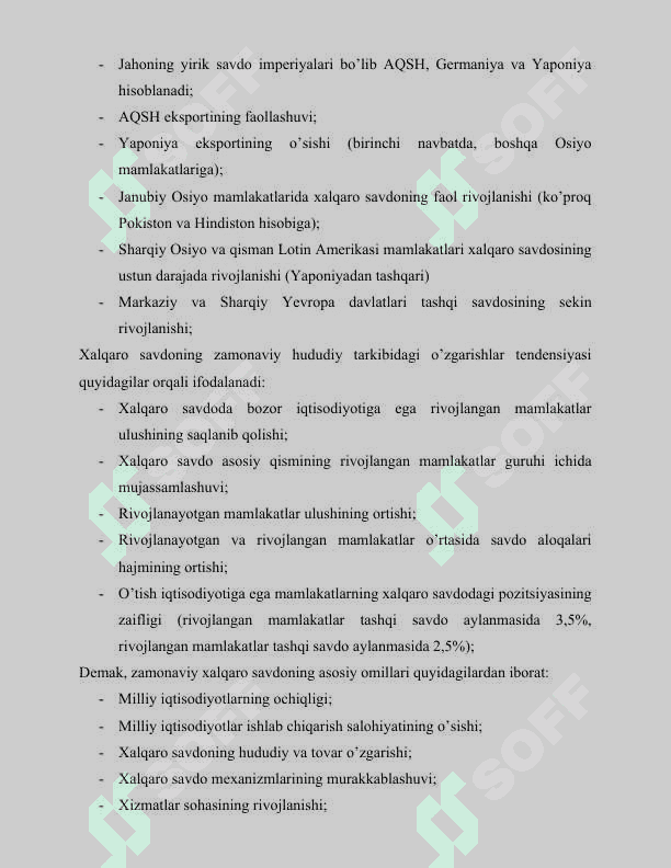 O’zbekiston  respublikasining jahon iqtisodiyotiga integratsiylashuvida tashqi savdoning tutgan o’rni 8