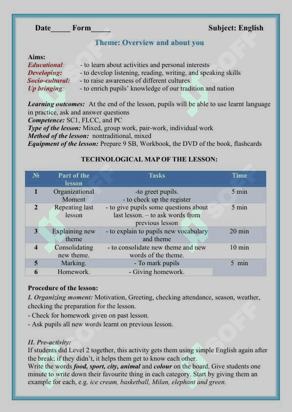 9-sinflar uchun  ingliz tili fanidan dars ishlanma Overview and about you 2
