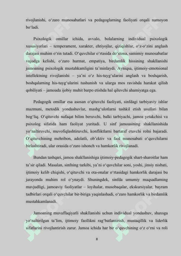 O’QUVCHILAR JAMOASINI SHAKLLANTIRISHNING MOHIYATI VA TASHKILIY ASOSLARI. 8