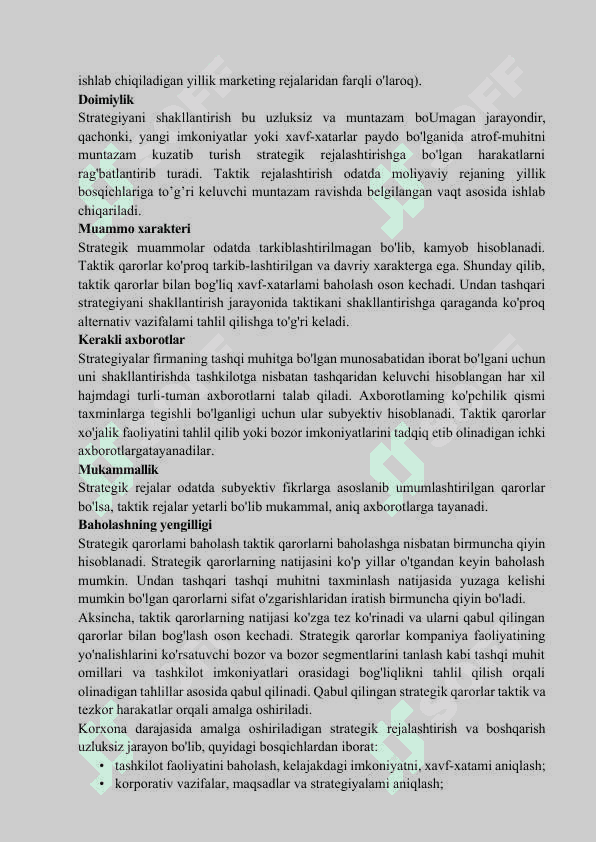 Marketings strategik va taktik rejalashtirish va ularni amalga oshirish usullari, yo‘l-yo‘riqlari 3