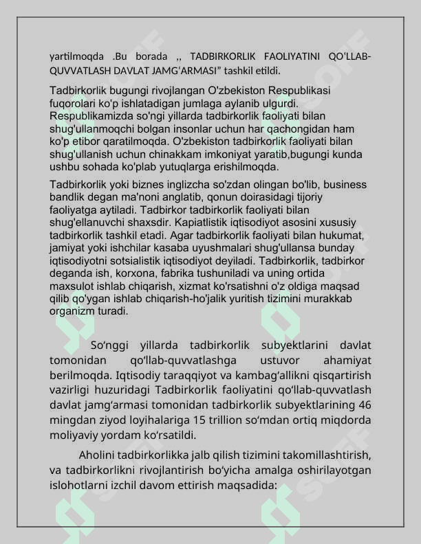 : O‘zbekistonda tadbirkorlik faoliyatini qo‘llab-quvvatlash va rivojlantirishning asosiy yo‘nalishlari 3