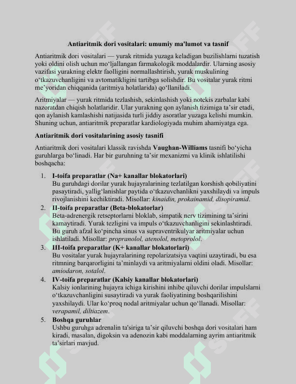 Antiaritmik dori vositalari. Yurak ritmini elektrokardiografik monitoringi. Aritmiya chaqirish modellari. Antiaritmik ta'siirga ega farmakologik va fitofarmakologik vositalar mexanizimi 2