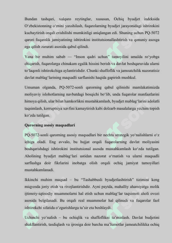 2021-yil 13-aprelda O'zbekiston Respublikasi Prezidentining <Byudjet jarayonida fuqarolarning faol ishtirokini ta'minlash bo'yicha qo'shimcha chora-tadbirlar tog'risida>gi PQ-5072-sonli Qarorning mazmun-mohiyati 3