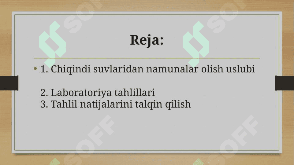 Chiqindi suvlaridan namunlar olish uslubi. Chiqindi suvlarini labaratoriya taxlilni oʻtkazish (harorat, rangi, hidi, tiniqligi, muallaq moddalar) 2