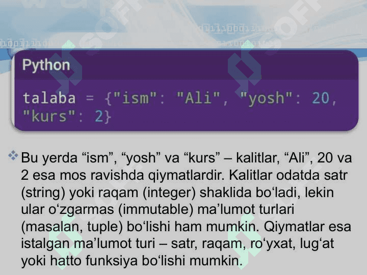 Lugʻatlar va ularning elementlari bilan ishlash  python tilida 4