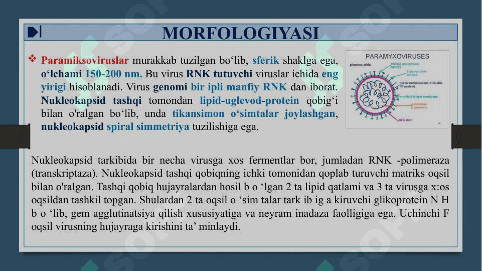 RNK SAQLOVCHI VIRUSLAR - RNK SAQLOVCHI VIRUSLAR KELTIRIB CHIQARUVCHI YUQUMLI KASALLIK QO’ZG’ATUVCHILARI. ORTOMIKSOVIRUSLAR, PARAMIKSOVIRUSLAR. XARAKTERISTIKA VA LABAROTORIYA TASHXISI 8