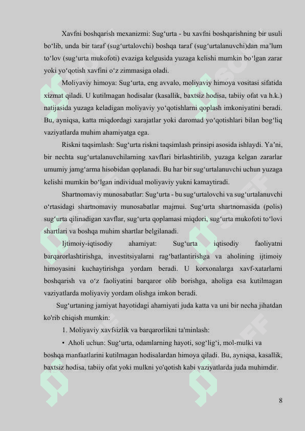 Sug‘urta mohiyati, tarkibi va iqtisodiy taraqqiyotdagi o’rni 8