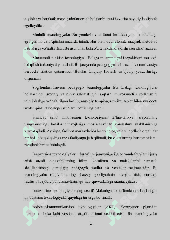 MAKTABGACHA TA'LIM TASHKILOTLARI FAOLIYAT MARKAZLARIDA TA'LIM JARAYONLARINI TASHKIL ETISHDA INNOVATSION TEXNOLOGIYALARDAN FOYDALANISH 6