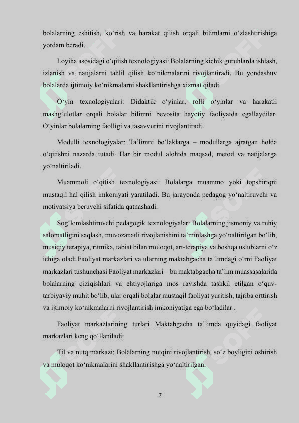 MAKTABGACHA TA'LIM TASHKILOTLARI FAOLIYAT MARKAZLARIDA TA'LIM JARAYONLARINI TASHKIL ETISHDA INNOVATSION TEXNOLOGIYALARDAN FOYDALANISH 7