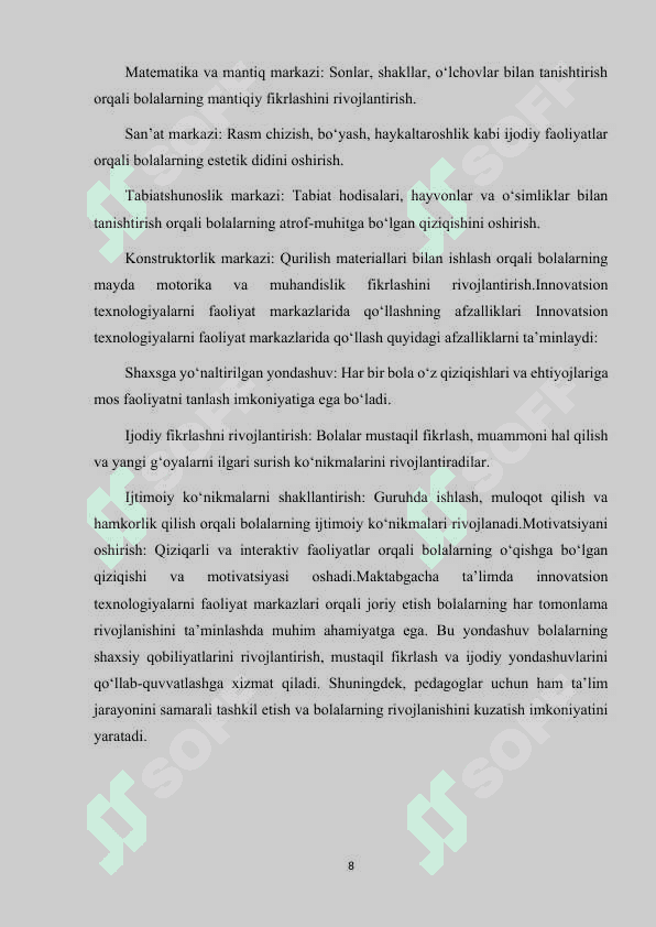 MAKTABGACHA TA'LIM TASHKILOTLARI FAOLIYAT MARKAZLARIDA TA'LIM JARAYONLARINI TASHKIL ETISHDA INNOVATSION TEXNOLOGIYALARDAN FOYDALANISH 8