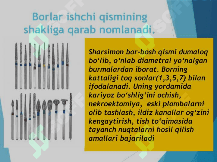 Tishni charxlashda ishlatiladigan asboblar.Borlar.Plombaga pardoz berishda ishlatiladigan asboblar. 5