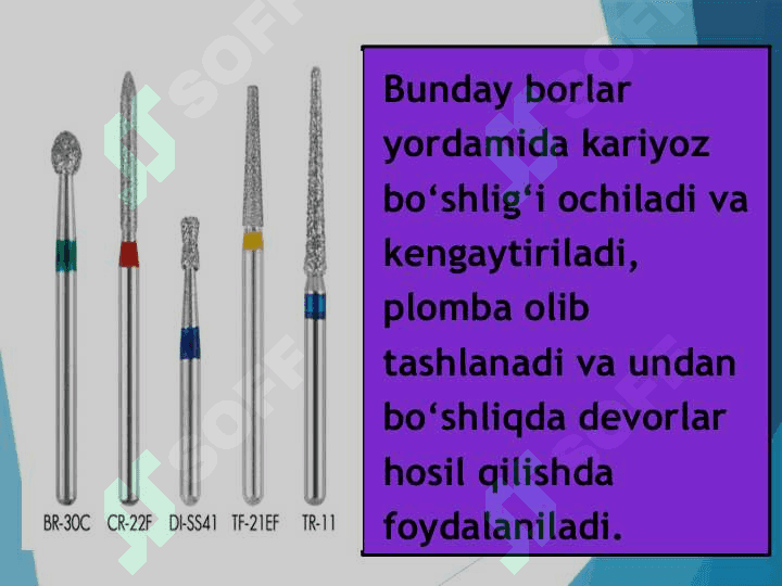 Tishni charxlashda ishlatiladigan asboblar.Borlar.Plombaga pardoz berishda ishlatiladigan asboblar. 8