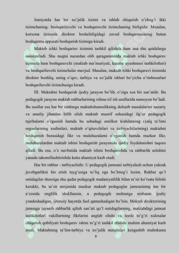 O’qituvchi-o’qituvchi”, “o’qituvchi-o’quvchilar jamoasi”, “o’qituvchi-maktab rahbariyati”, “o’qituvchi-bolalarning ota-onalari 8