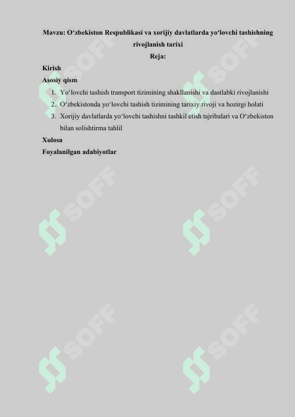 Oʻzbekiston Respublikasi va xorijiy davlatlarda yoʻlovchi tashishning rivojlanish tarixi 2