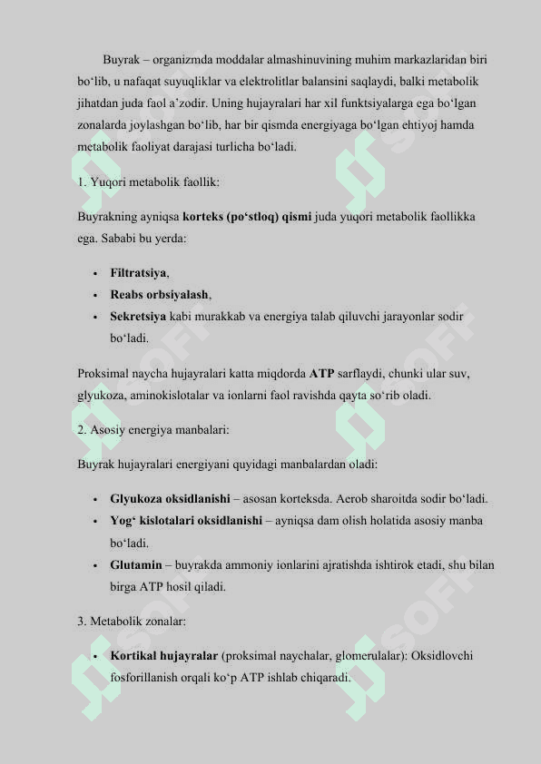 Buyrakni energiya bilan taminlanishi mustaqil ish 2
