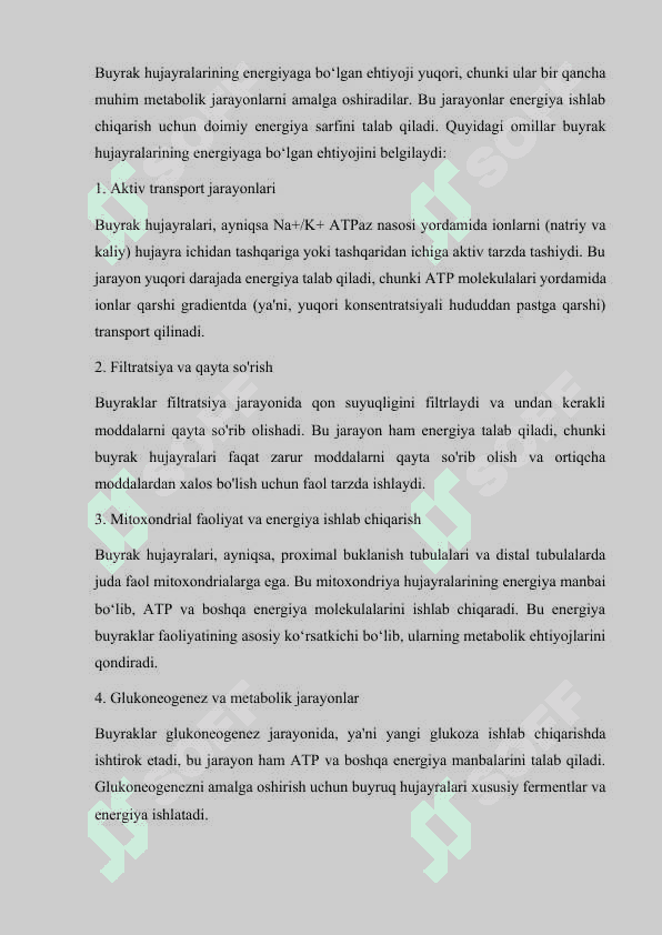 Buyrakni energiya bilan taminlanishi mustaqil ish 4