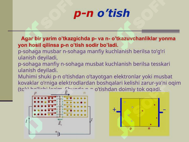 Yarim o‘tkazgichlar.Yarim o‘tkazgichli materiallar. Yarim o‘tkazgichlarda o‘tkazuvchanlik.p-n o‘tish.Yarim o‘tkazgichli diod va ularning turlari. 2
