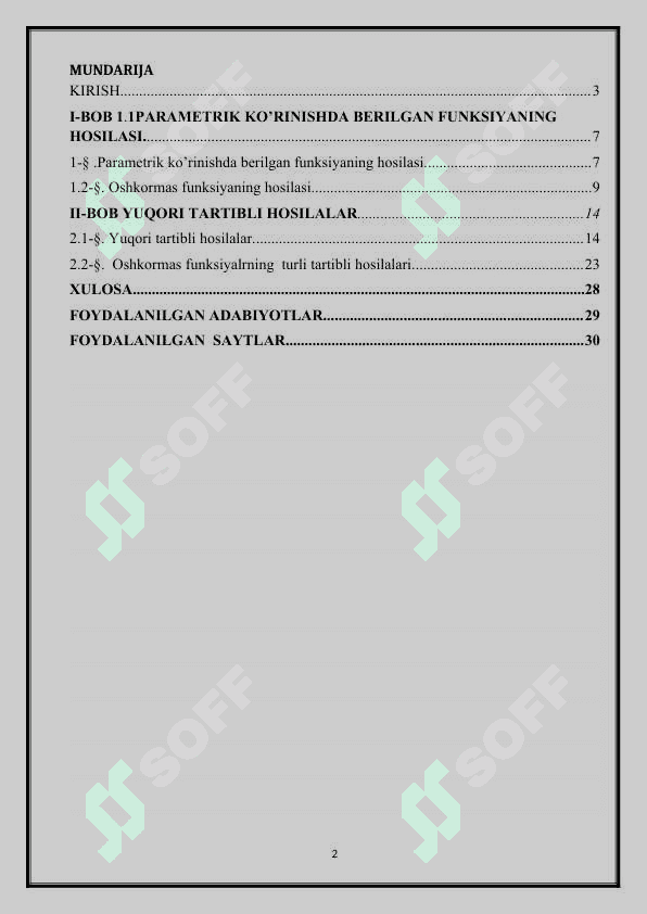 Oshkormas funksiyalar va uning  hosilalari. 2