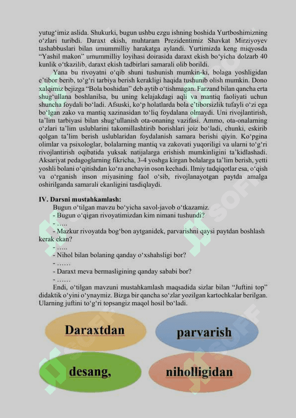 "Bog‘bon va nihol" mavzusida 3-sinf O'qish fanidan dars (mashg'ulot) ishlanma. 4