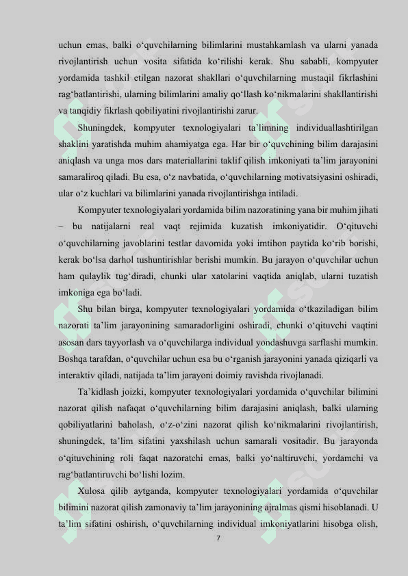 O‘qituvchining kompyuter texnologiyalari asosida o‘quvchilar bilimini nazorat qilishi 7