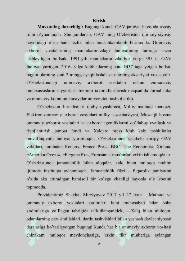 Oʻzbekiston Respublikasida ommaviy axborot vositalarining faoliyati 2
