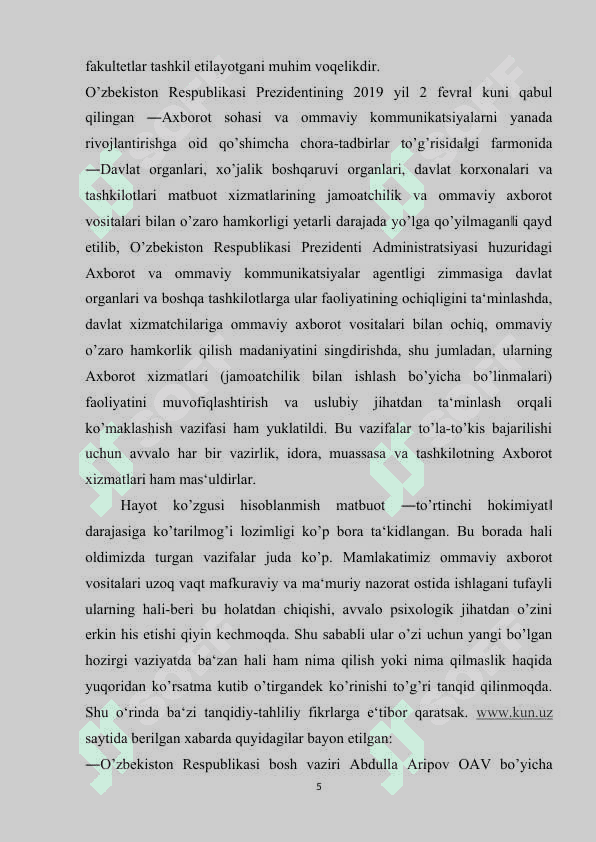 Oʻzbekiston Respublikasida ommaviy axborot vositalarining faoliyati 5