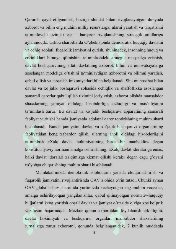 Oʻzbekiston Respublikasida ommaviy axborot vositalarining faoliyati 8