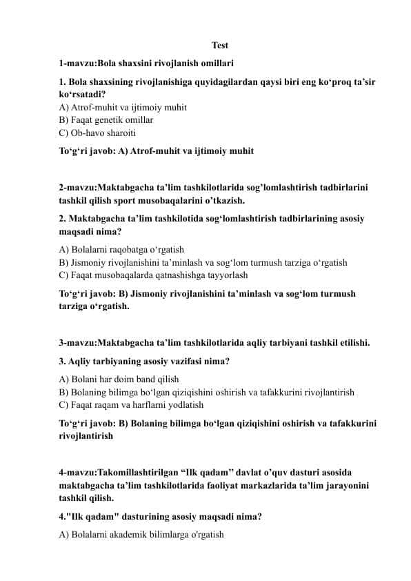 TEST.Maktabgacha ta'lim yo'nalishi uchun 1