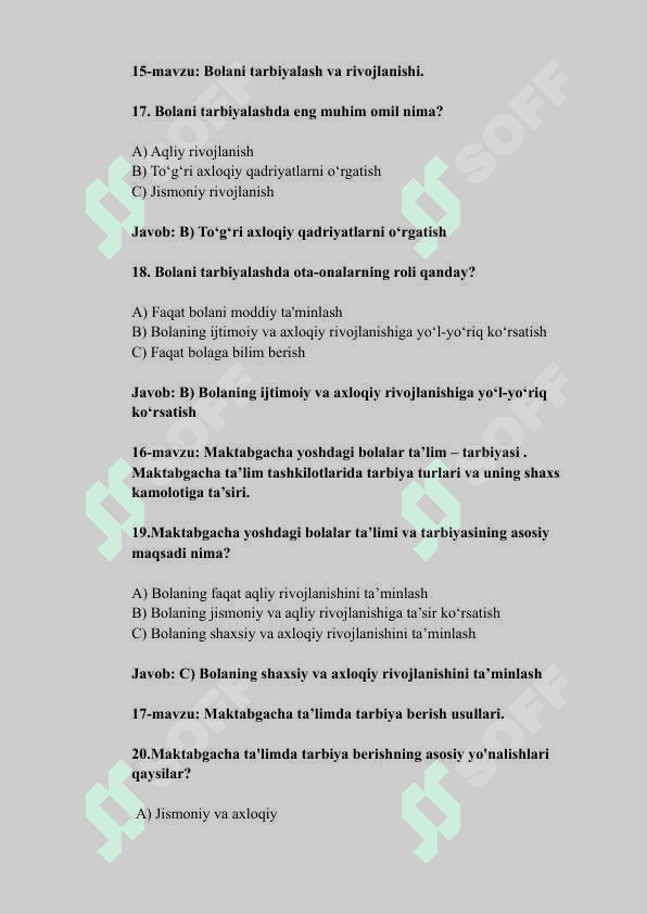 TEST.Maktabgacha ta'lim yo'nalishi uchun 6